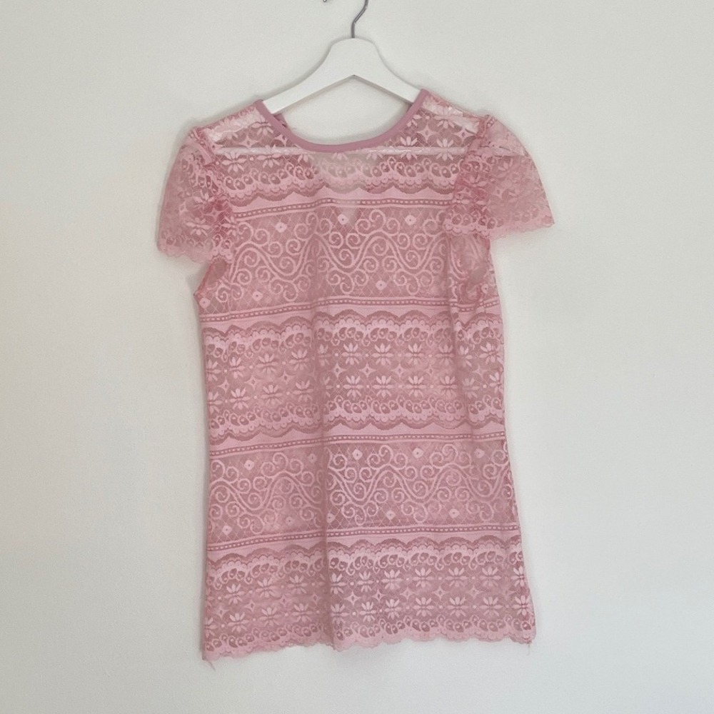 Pink Sheer Floral Lace Short Sleeve Blouse Keyhole Back‎ Top VINTAGE Sleepwear